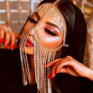 Crystal Tassel Face Jewelry Women Masquerade Mask Holloween Rhinestone Headband